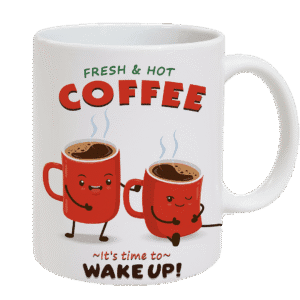 Taza de Cerámica Fresh & Hot Coffee – Diseño Divertido con Ilustración Despertador – Ideal para Café, Té e Infusiones
