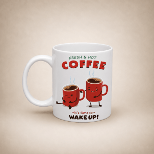 Taza de Cerámica Fresh & Hot Coffee – Diseño Divertido con Ilustración Despertador – Ideal para Café, Té e Infusiones